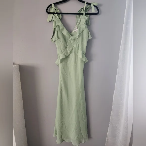 ⭕️ PRICE FIRM Christian Lacroix Green Tie Shoulder Midi Ruffle Dress Size XS - Picture 4 of 8